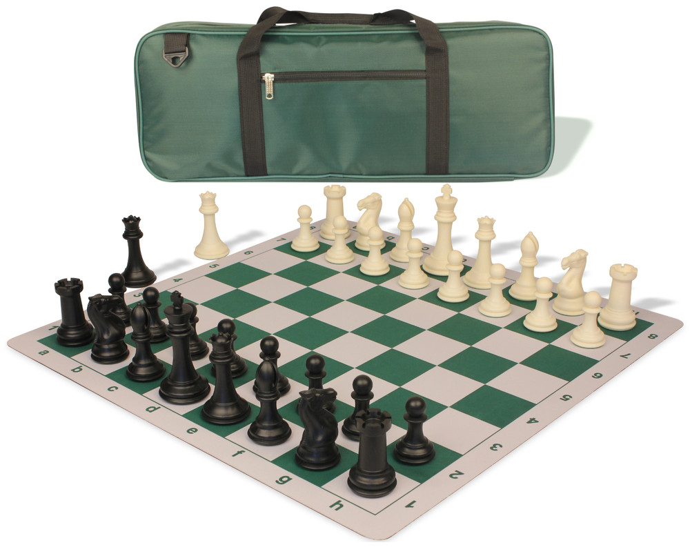 Professional Deluxe Carry-All Plastic Chess Set Black & Ivory Pieces with Lightweight Floppy Board – Green