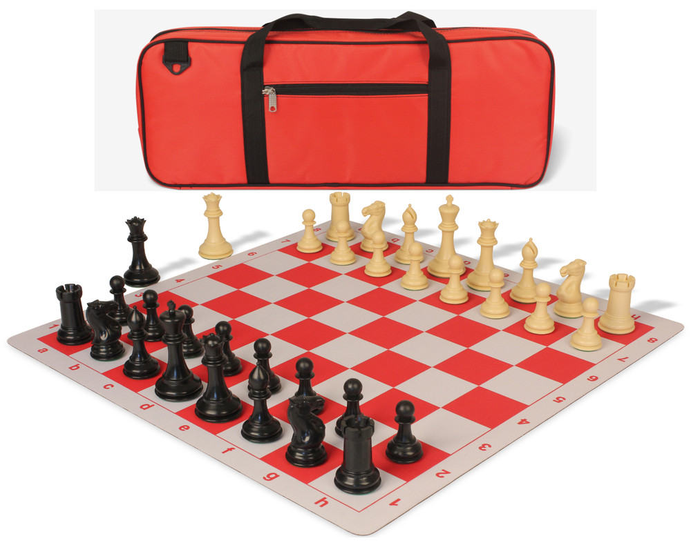 Conqueror Deluxe Carry-All Plastic Chess Set Black & Camel Pieces with Lightweight Floppy Board - Red