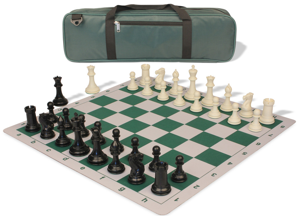 Conqueror Large Carry-All Plastic Chess Set Black & Ivory Pieces with Green Lightweight Floppy Board & Bag