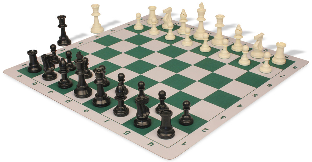 Weighted Standard Club Plastic Chess Set Black & Ivory Pieces with Green Lightweight Floppy Board Ivory Pieces View