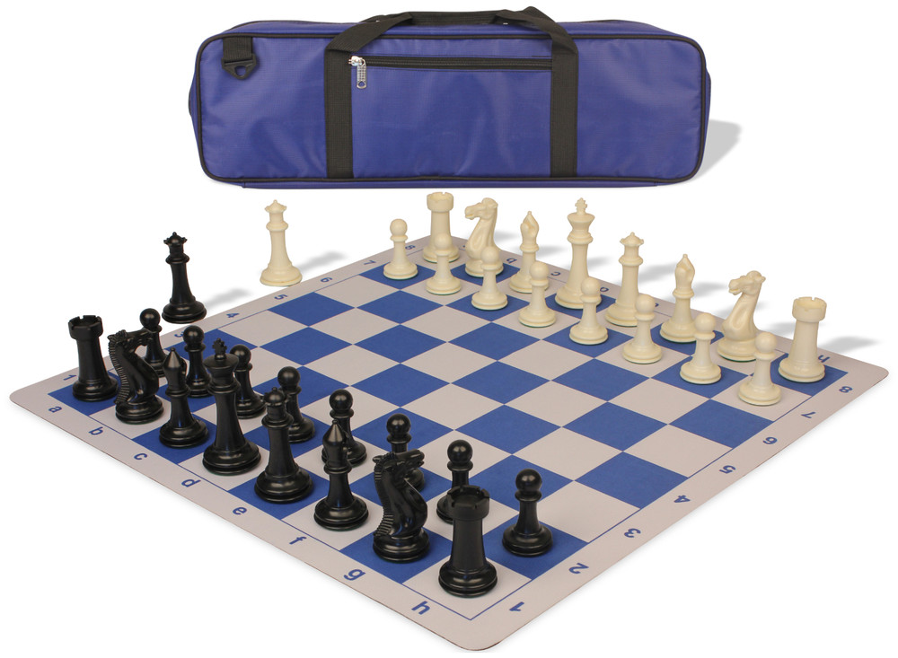 Executive Large Carry-All Plastic Chess Set Black & Ivory Pieces with Blue Lightweight Floppy Board & Bag