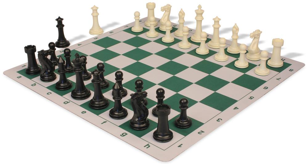 Executive Plastic Chess Set Black & Ivory Pieces with Green Lightweight Floppy Board Ivory Pieces View