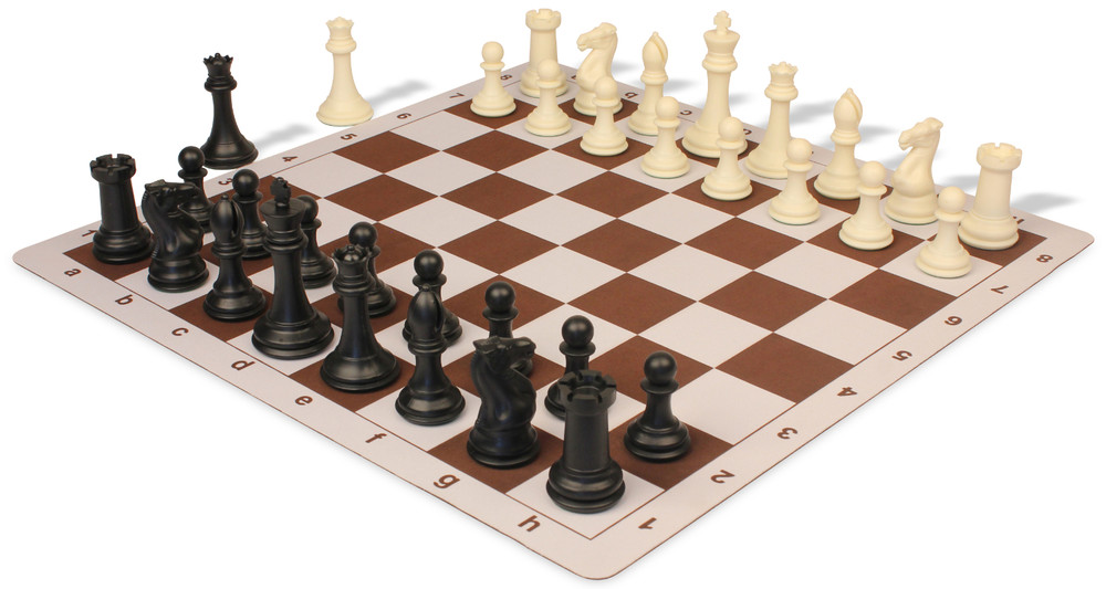 Professional Plastic Chess Set Black & Ivory Pieces with Brown Lightweight Floppy Board Ivory Pieces View