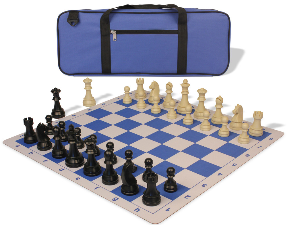 German Knight Deluxe Carry-All Plastic Chess Set Black & Aged Ivory Pieces with Lightweight Floppy Board – Royal Blue