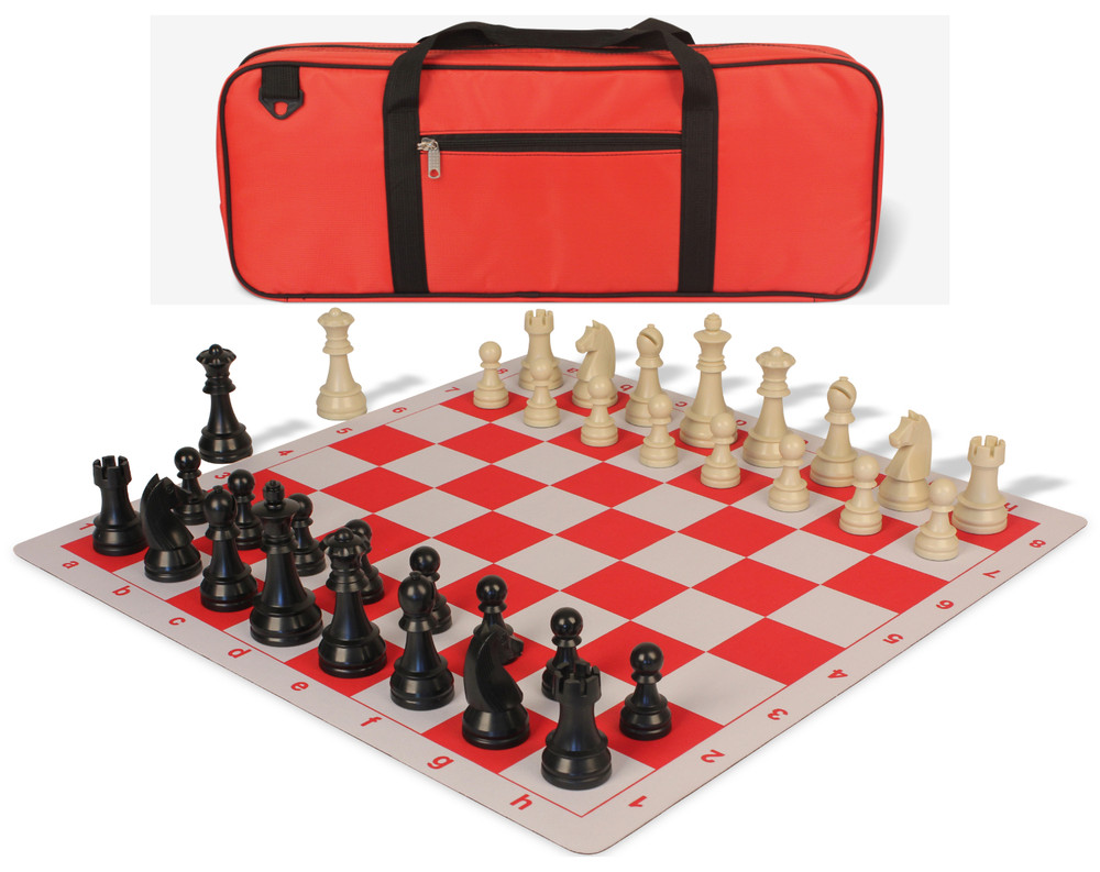 German Knight Deluxe Carry-All Plastic Chess Set Black & Aged Ivory Pieces with Lightweight Floppy Board – Red