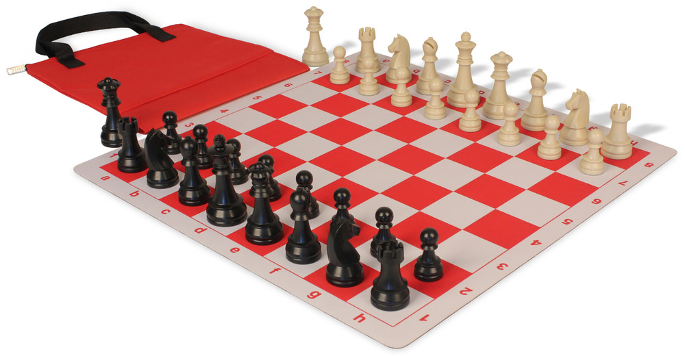 German Knight Easy-Carry Plastic Chess Set Black & Ivory Pieces with Red Lightweight Floppy Board Ivory Pieces View