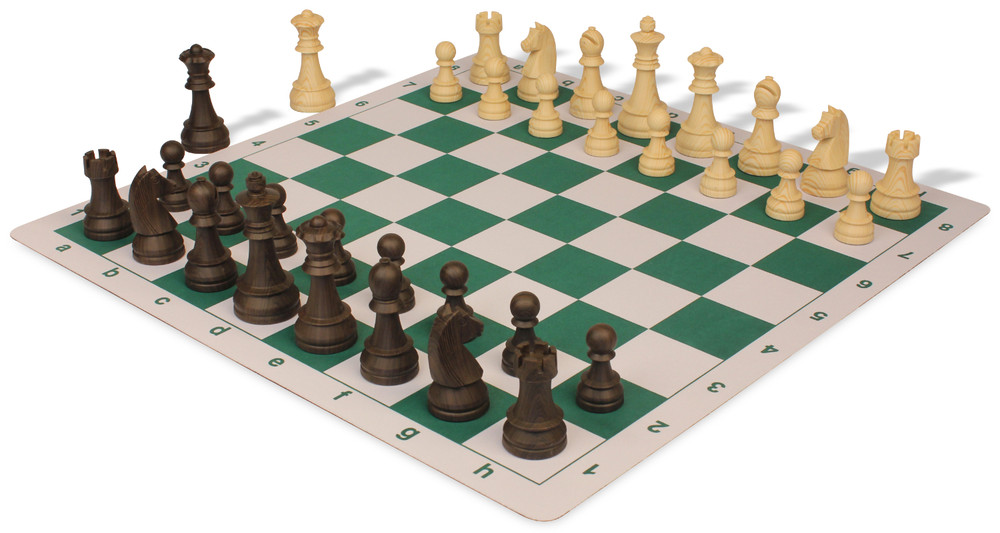 German Knight Plastic Chess Set Brown & Natural Wood Grain Pieces with Green Lightweight Floppy Board Natural Pieces View
