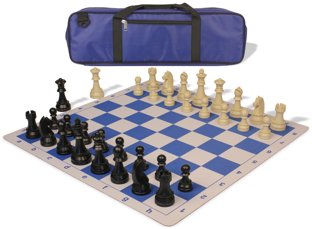 German Knight Large Carry-All Plastic Chess Set Black & Ivory Pieces with Blue Lightweight Floppy Board & Bag