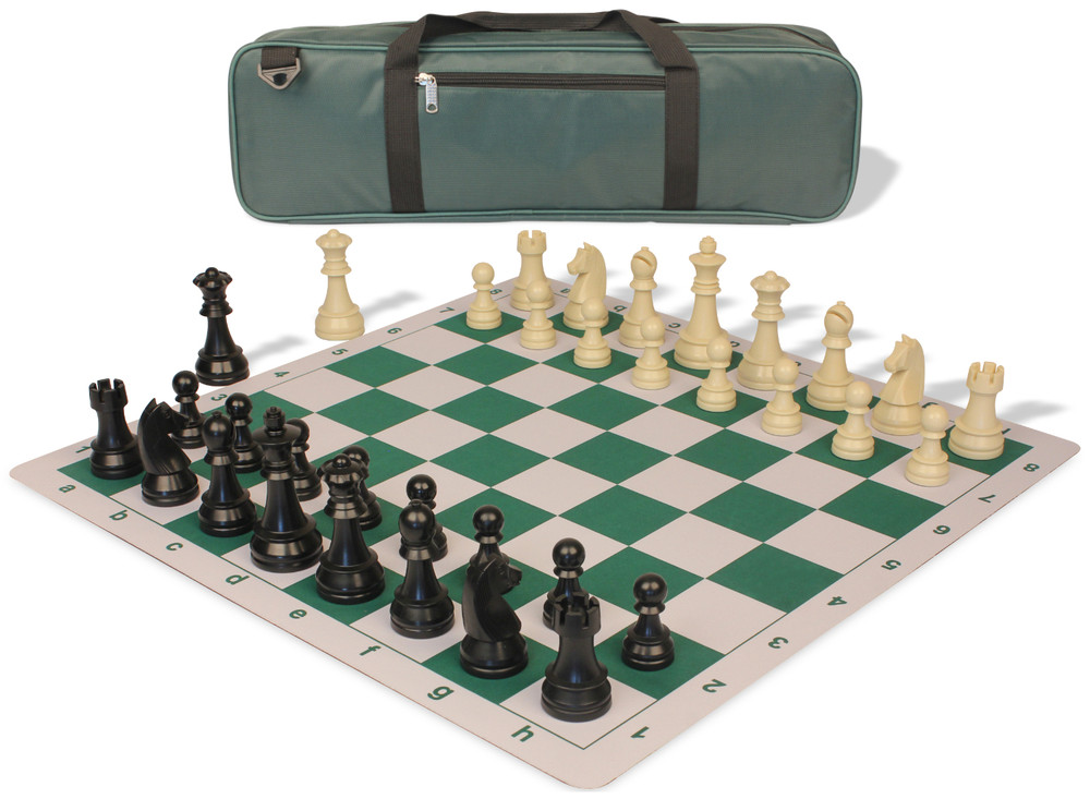 German Knight Large Carry-All Plastic Chess Set Black & Ivory Pieces with Green Lightweight Floppy Board & Bag