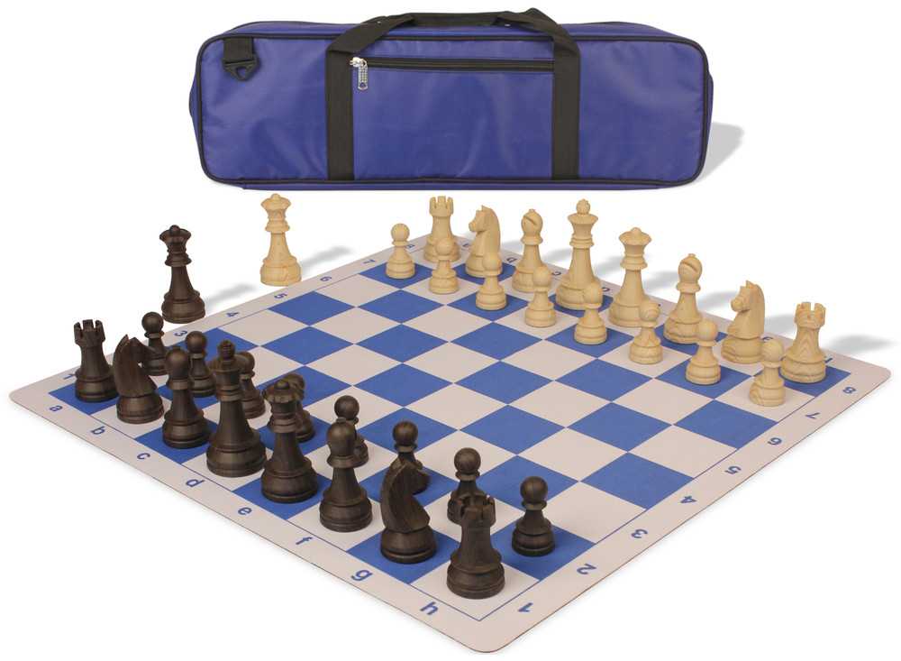 German Knight Large Carry-All Plastic Chess Set Wood Grain Pieces with Blue Lightweight Floppy Board & Bag