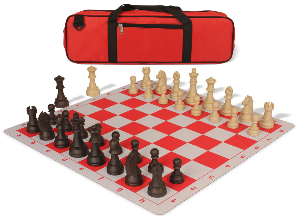 German Knight Large Carry-All Plastic Chess Set Wood Grain Pieces with Red Lightweight Floppy Board & Bag