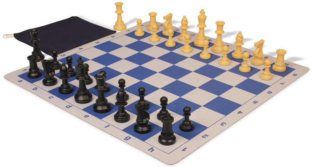 Weighted Standard Club Classroom Plastic Chess Set Black & Camel Pieces with Blue Lightweight Floppy Board Camel Pieces View