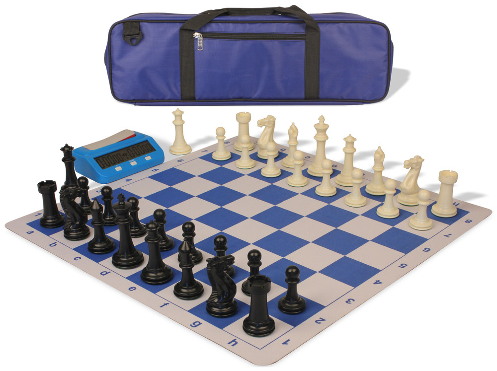 Executive Large Carry-All Plastic Chess Set Black & Ivory Pieces with Clock & Lightweight Floppy Board - Royal Blue