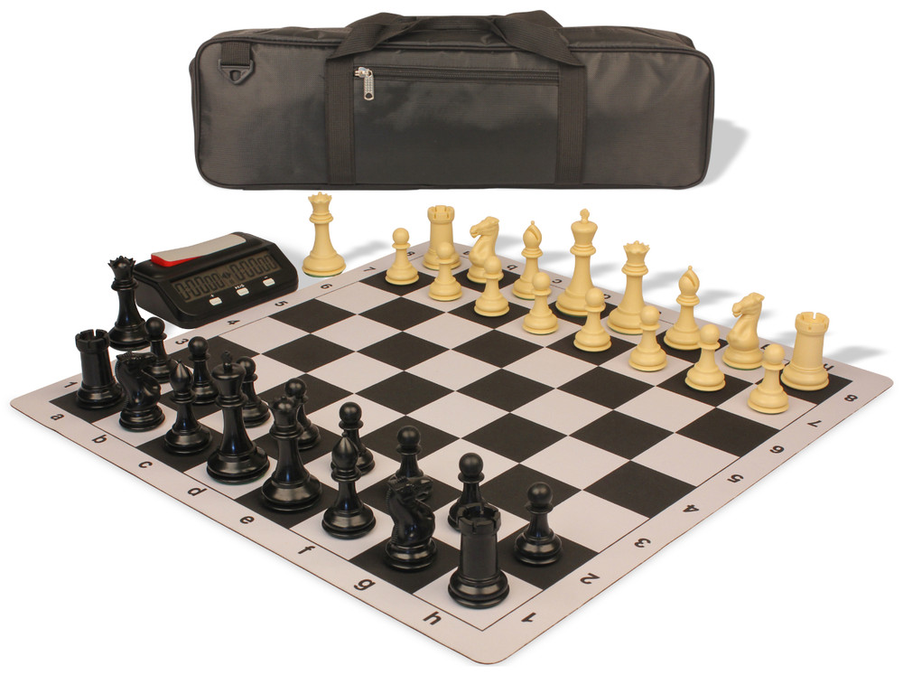 Conqueror Carry-All Plastic Chess Set - Black & Camel Pieces with Clock & Floppy Board - Black