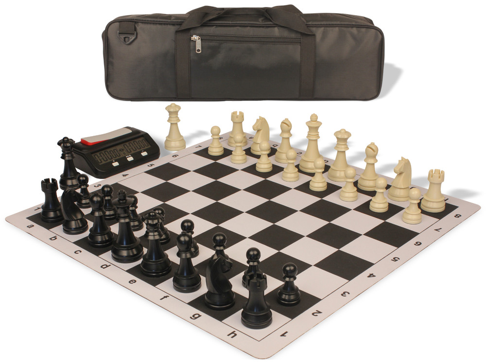 Tournament Special Carry-All Plastic Chess Set - Black & Aged Ivory Pieces with Clock & Floppy Board – Black