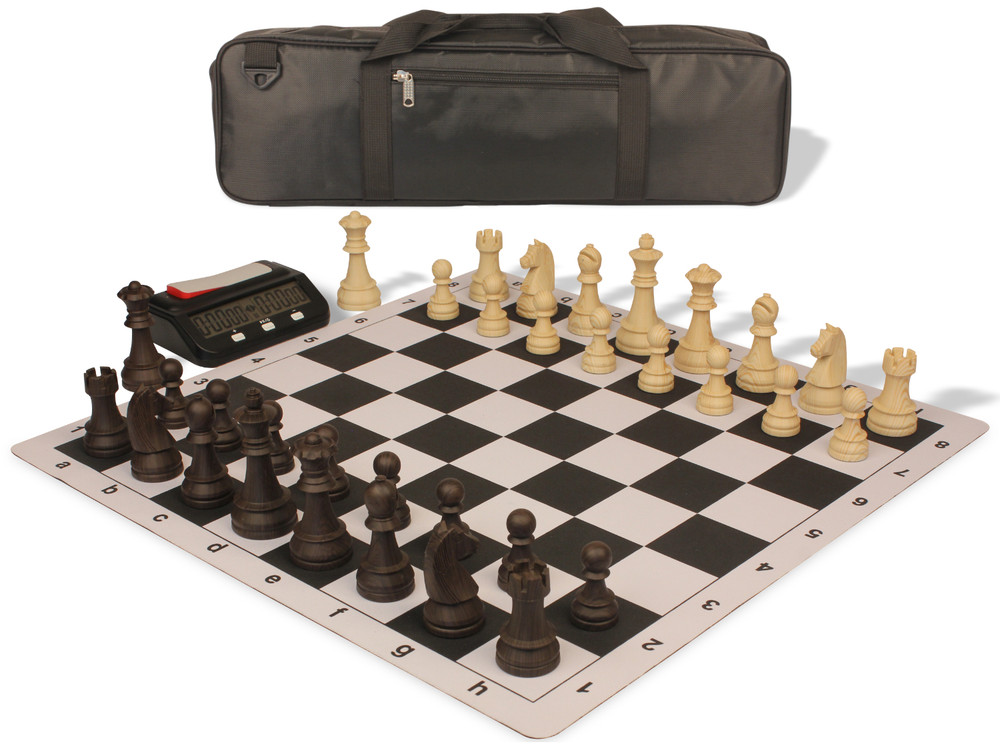 German Knight Carry-All Plastic Chess Set -  Wood Grain Pieces, Clock & Floppy Board – Black