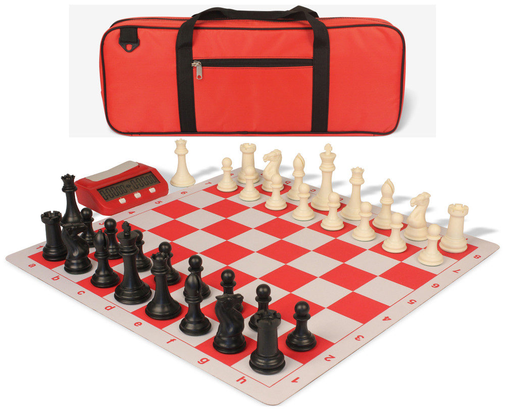 Professional Deluxe Carry-All Plastic Chess Set Black & Ivory Pieces with Clock & Lightweight Floppy Board – Red