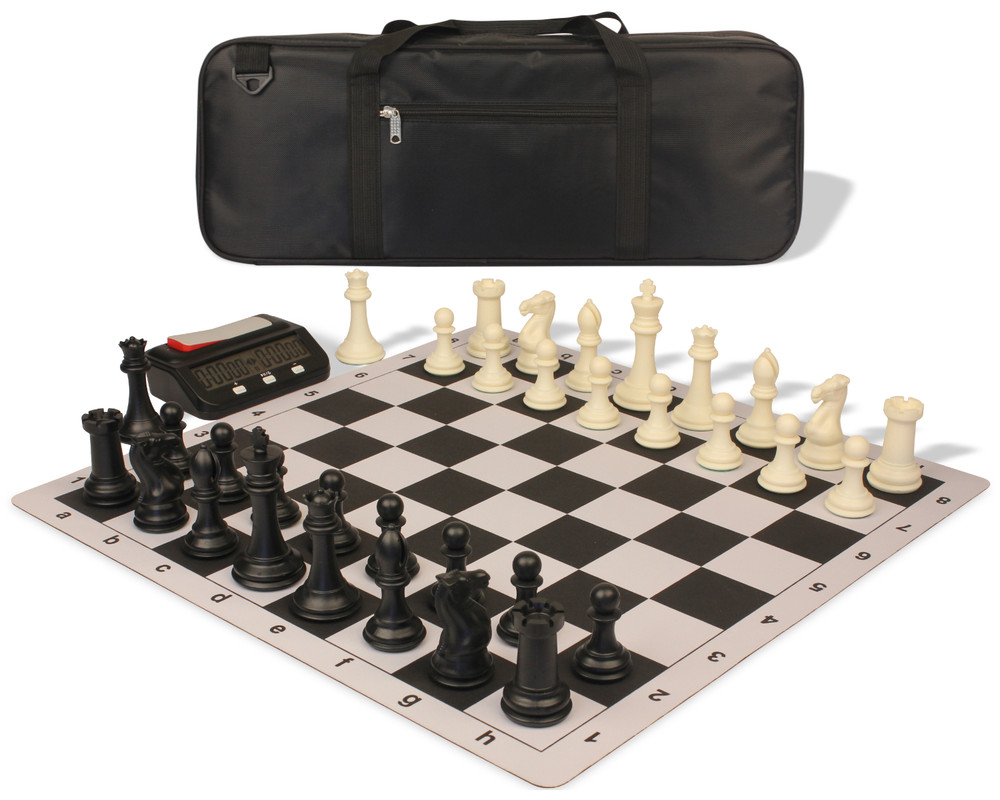 Professional Deluxe Carry-All Plastic Chess Set Black & Ivory Pieces with Clock & Floppy Board – Black