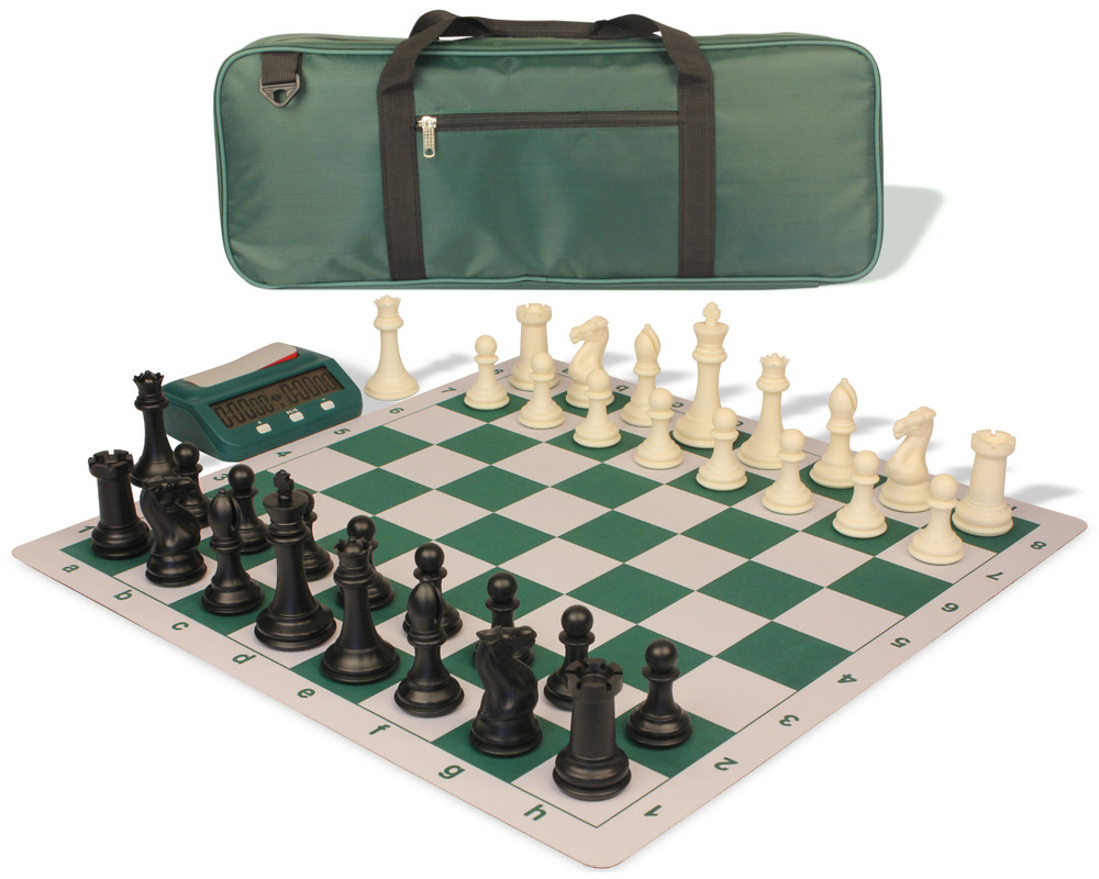 Professional Deluxe Carry-All Plastic Chess Set Black & Ivory Pieces with Clock & Floppy Board – Green