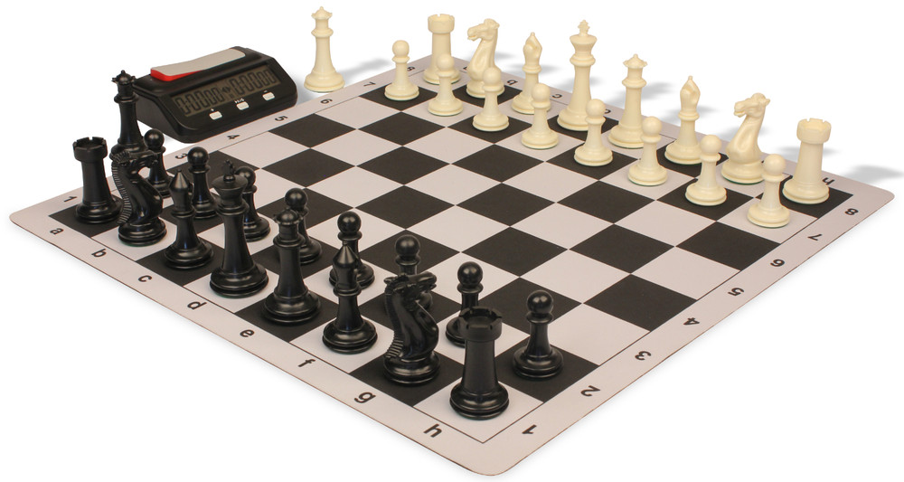 Executive Deluxe Carry-All Plastic Chess Set Black & Ivory Pieces with Clock & Floppy Board & Bag - Black