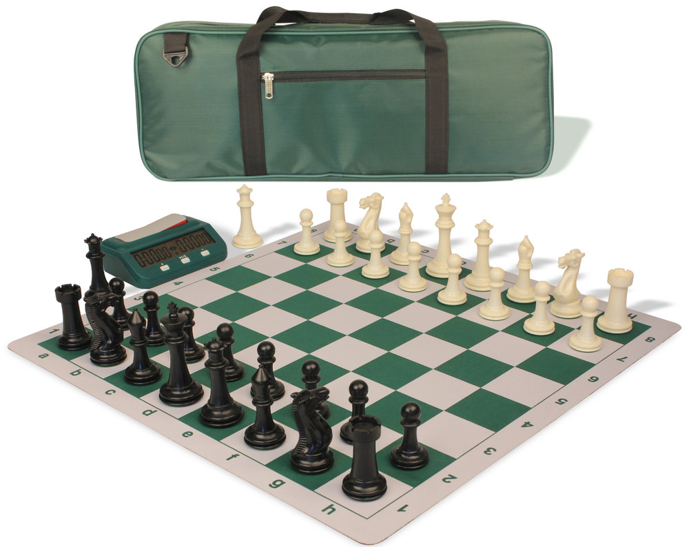 Executive Deluxe Carry-All Plastic Chess Set Black & Ivory Pieces with Clock & Floppy Board & Bag - Green