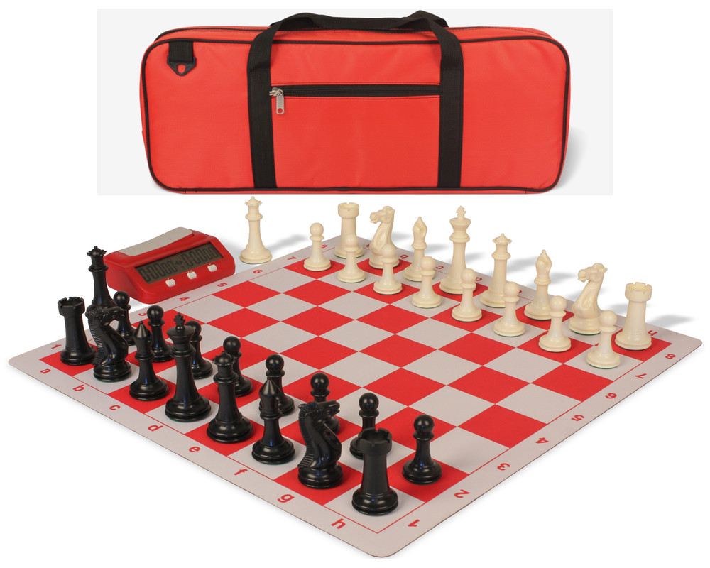 Executive Deluxe Carry-All Plastic Chess Set Black & Ivory Pieces with Clock & Lightweight Floppy Board & Bag - Red