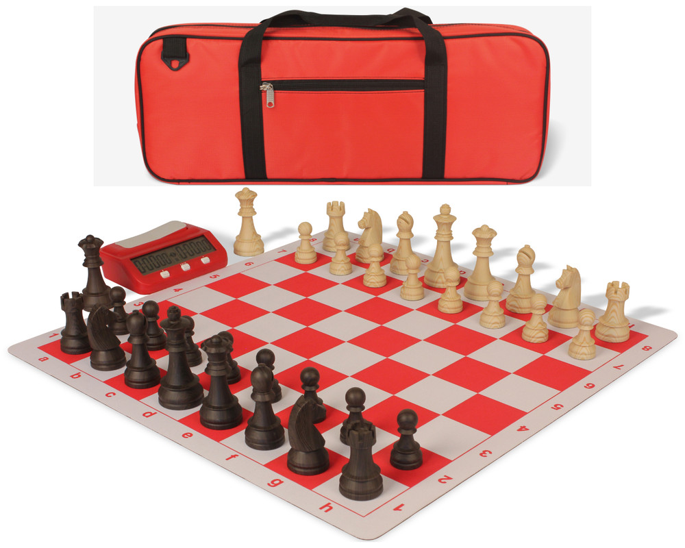 German Knight Deluxe Carry-All Plastic Chess Set Wood Grain Pieces with Clock & Floppy Board – Red