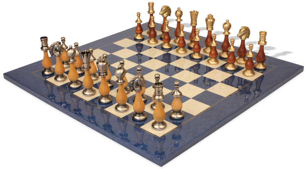 Large Contemporary Staunton Solid Brass & Wood Chess Set with Blue Ash Burl Board