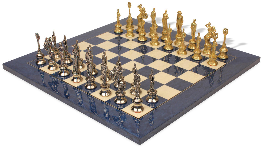 Large Poseidon Theme Chess Set Brass & Nickel Pieces with Blue