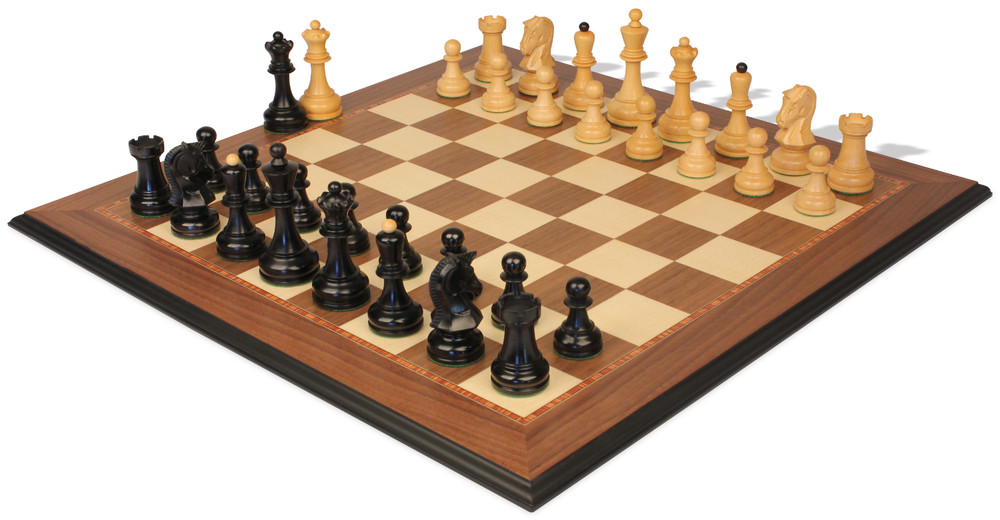 Dubrovnik Series Chess Set Ebony & Boxwood Pieces with Walnut & Maple Molded Edge Board - 3.9" King