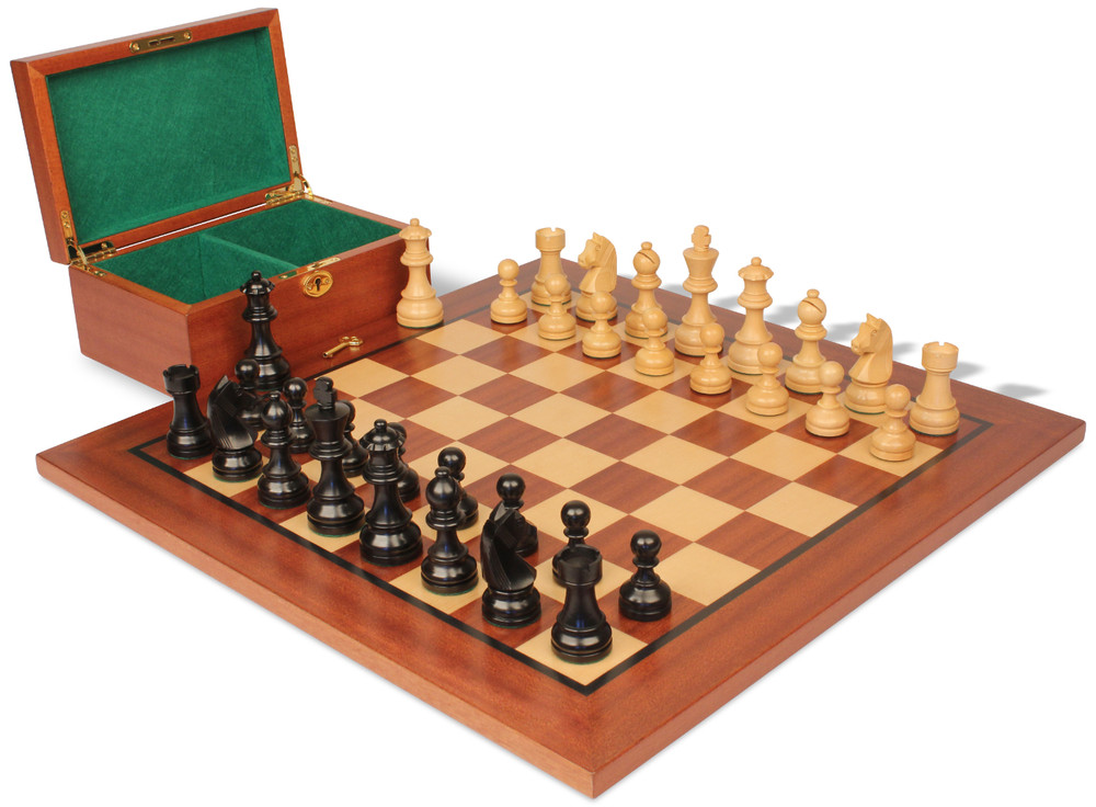 Queen's Gambit Chess Set Ebonized & Boxwood Pieces with Classic Mahogany Board & Box - 3.75" King