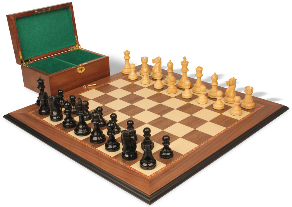 Fischer-Spassky Commemorative Chess Set Ebony & Boxwood Pieces with Walnut Molded Edge Board & Box - 3.75" King