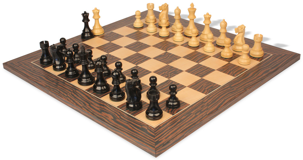 Fischer-Spassky Commemorative Chess Set Ebonized & Boxwood Pieces with Deluxe Tiger Ebony & Maple Board - 3.75" King