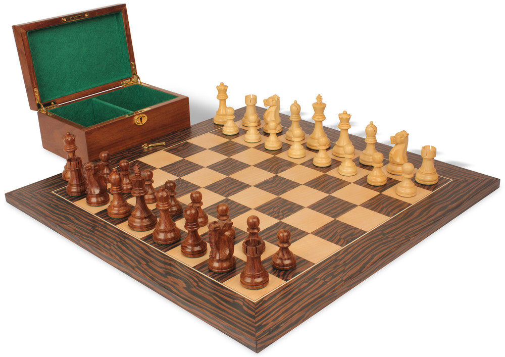 Fischer-Spassky Commemorative Chess Set Golden Rosewood & Boxwood Pieces with Deluxe Tiger Ebony Board & Box - 3.75" King Fischer-Spassky Commemorative Chess Set Golden Rosewood & Boxwood Pieces with Deluxe Tiger Ebony Board & Box - 3.75" King