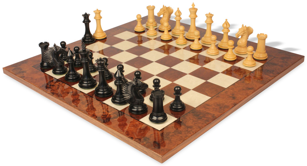 Copenhagen Staunton Chess Set Ebony & Boxwood with Walnut Burl Chess Board