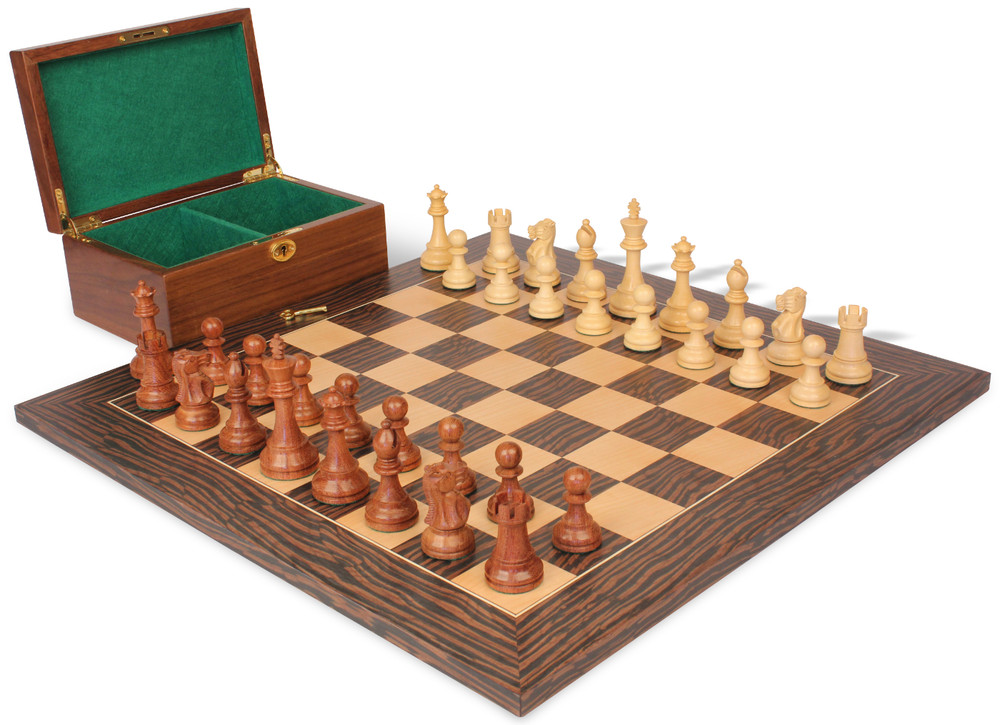 British Staunton Chess Set Acacia & Boxwood Pieces with Deluxe Tiger Ebony Board & Box - 4" King