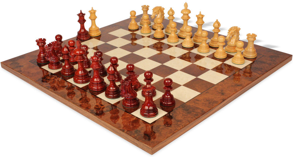 Wellington Staunton Chess Set Padauk & Boxwood Pieces with Walnut Burl Chess Board - 4.4" King Wellington Staunton Chess Set Padauk & Boxwood Pieces with Walnut Burl Chess Board - 4.4" King