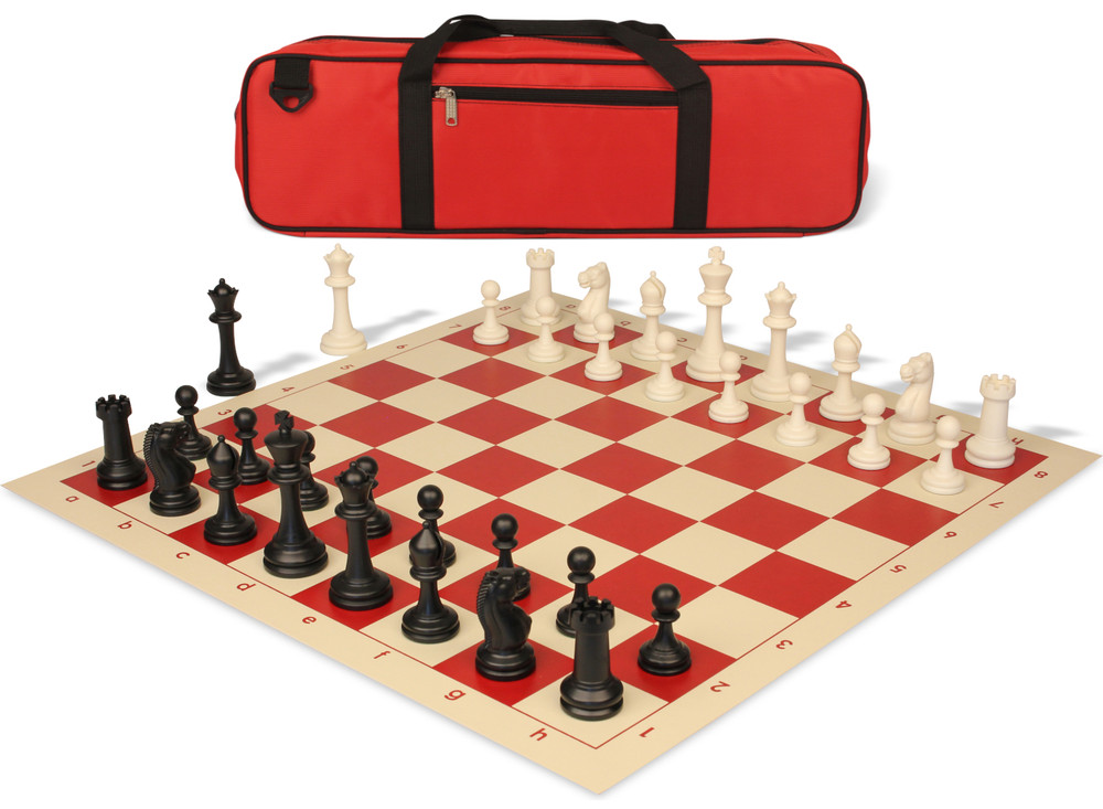 Master Series Carry-All Plastic Chess Set Black & Ivory Pieces with Rollup Board - Red