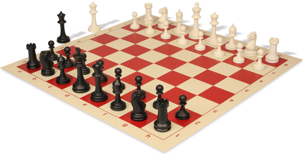 Master Series Double-Weighted Plastic Chess Set - Black & Ivory Pieces with Vinyl Rollup Board - Red