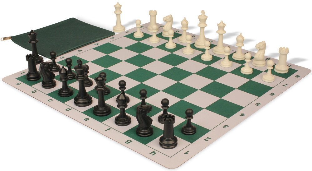 Master Series Classroom Double-Weighted Plastic Chess Set - Black & Ivory Pieces with Floppy Board & Bag - Green