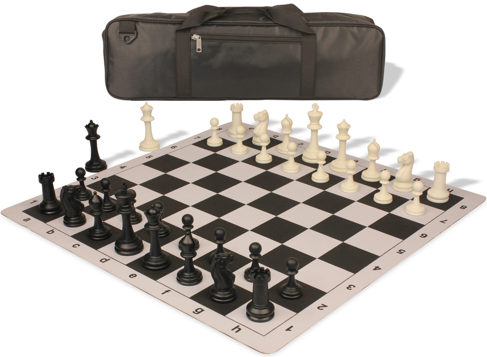 Master Series Carry-All Double-Weighted Plastic Chess Set - Black & Ivory Pieces with Floppy Board - Black