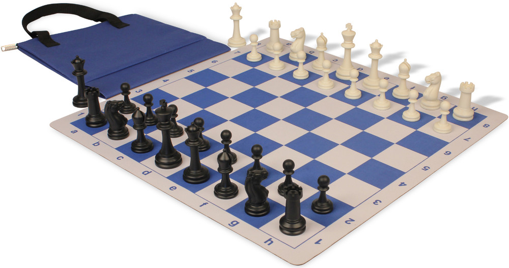 Master Series Easy-Carry Triple Weighted Plastic Chess Set Black & Ivory Pieces with Lightweight Floppy Board & Bag Blue