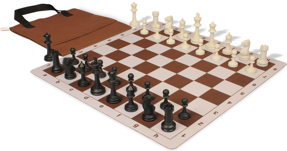 Master Series Easy-Carry Double-Weighted Plastic Chess Set - Black & Ivory Pieces with Floppy Board & Bag - Brown
