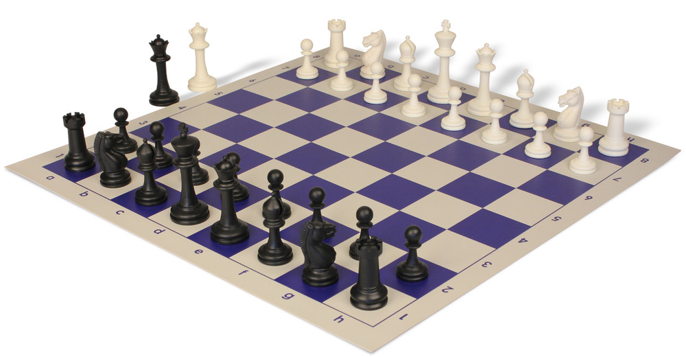 Master Series Double-Weighted Plastic Chess Set - Black & Ivory Pieces with Floppy Board - Blue