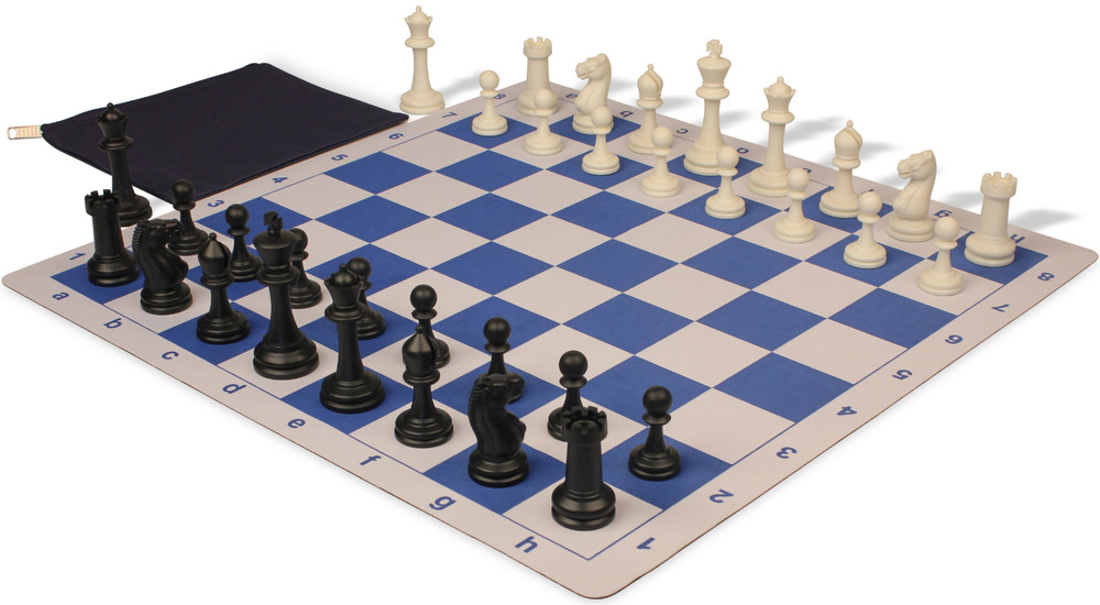 Master Series Classroom Plastic Chess Set Black & Ivory Pieces with Lightweight Floppy Board & Bag - Blue