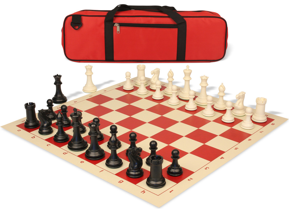 Conqueror Carry-All Plastic Chess Set Black & Ivory Pieces with Rollup Board - Red