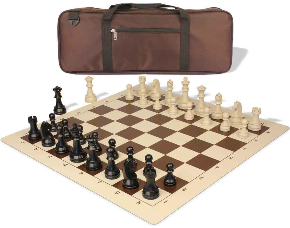 German Knight Deluxe Carry-All Plastic Chess Set Black & Aged Ivory Pieces with Roll-up Vinyl Board & Bag – Brown