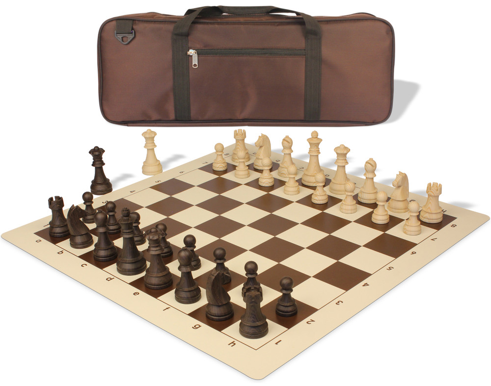 German Knight Deluxe Carry-All Plastic Chess Set Wood Grain Pieces with Vinyl Roll-up Board & Bag – Brown