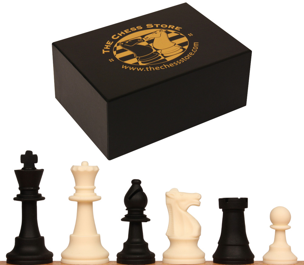 The Chess Store Club Special Tournament Size Silicone Chess Pieces Black & Ivory with Extra Queens & Box - 3.75" King