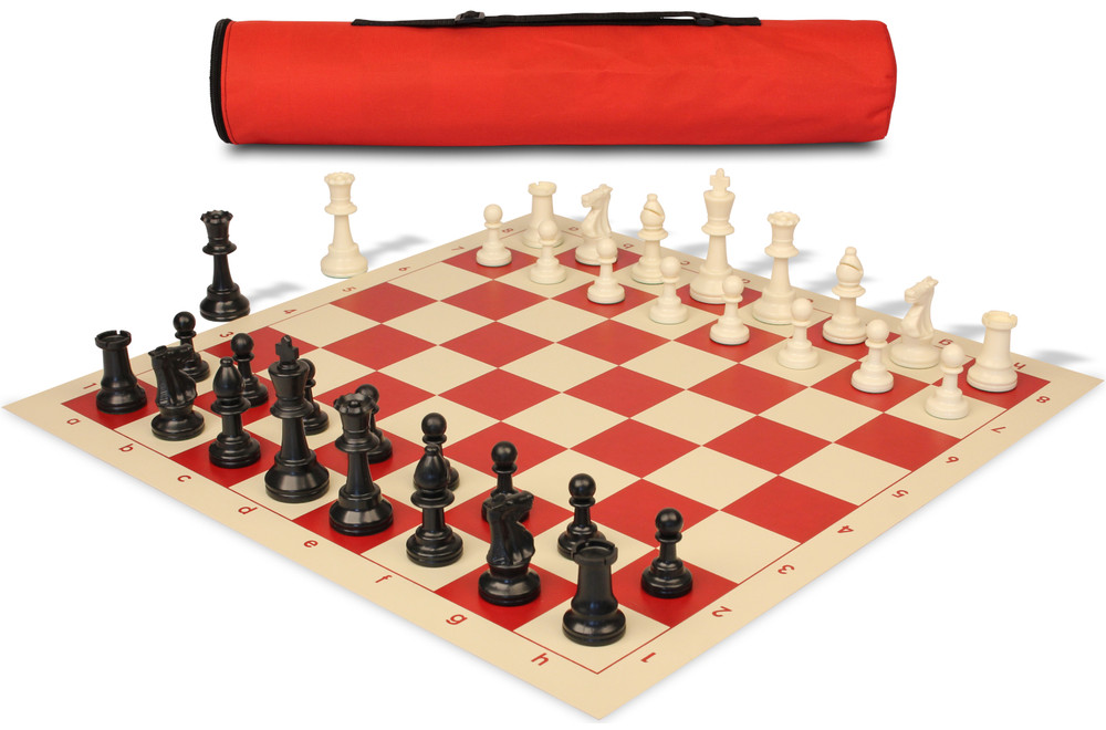 Archer's Bag Standard Club Plastic Chess Set Black & Ivory Pieces - Red